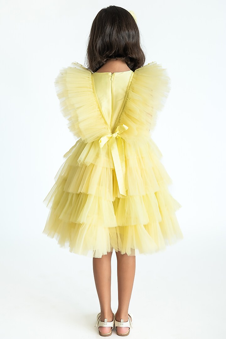 Yellow Polyester Lycra Lurex Sequins Hand Embroidered Ruffled Dress For Girls by A Little Fable at Pernia's Pop Up Shop