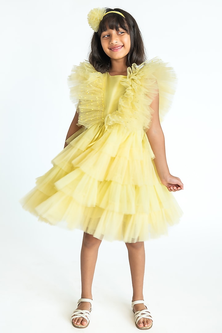 Yellow Polyester Lycra Lurex Sequins Hand Embroidered Ruffled Dress For Girls by A Little Fable at Pernia's Pop Up Shop