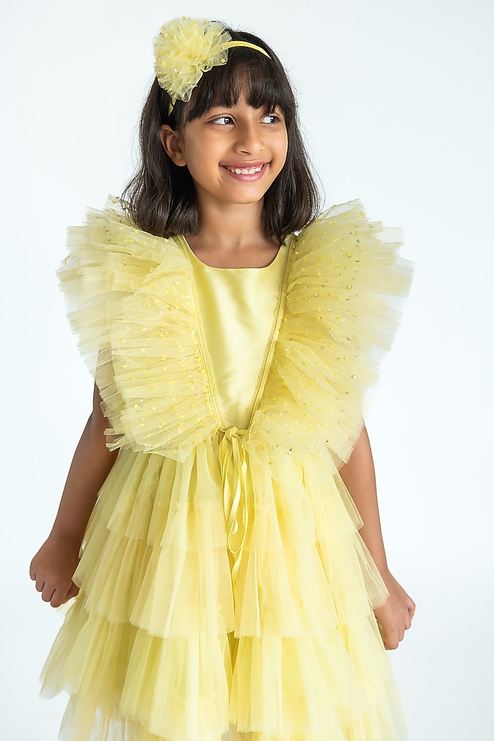 Yellow Polyester Lycra Lurex Sequins Hand Embroidered Ruffled Dress For Girls by A Little Fable at Pernia's Pop Up Shop