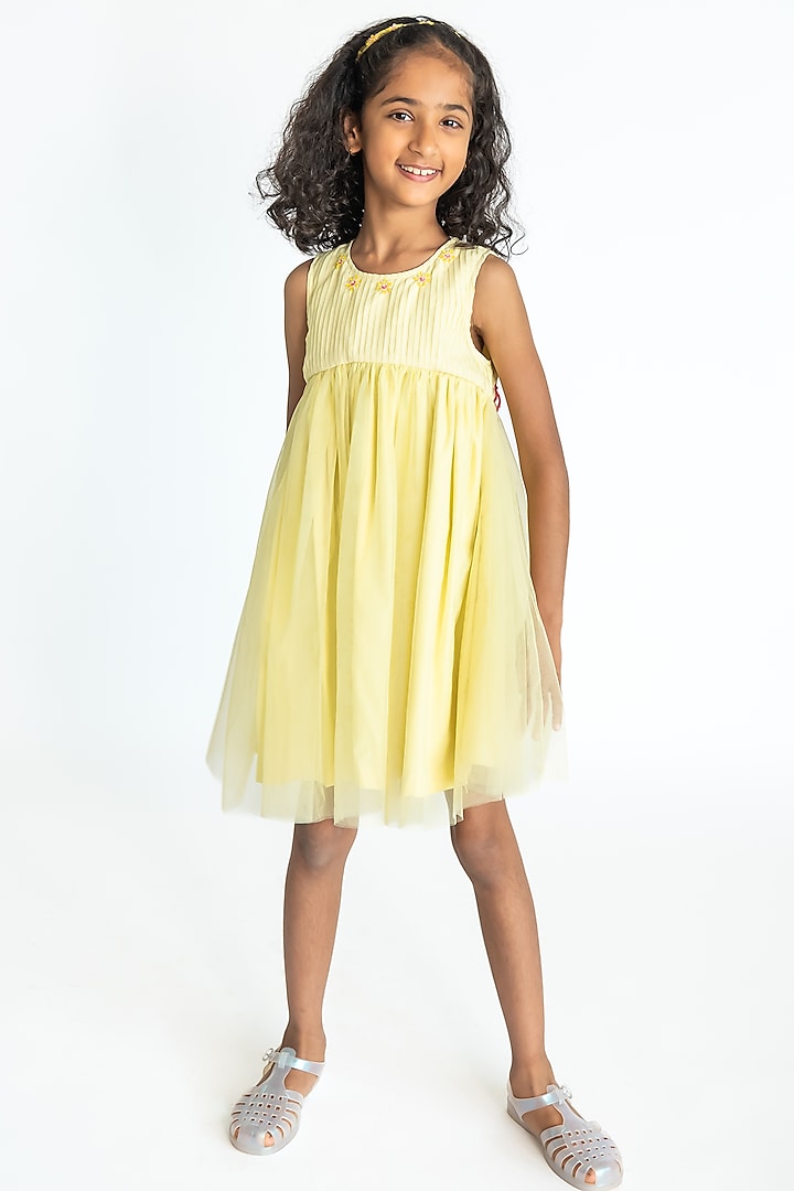 Yellow Lurex & Net Embroidered Pleated Dress by A Little Fable