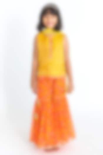 Orange Georgette Bandhani Printed Sharara Set For Girls by A Little Fable