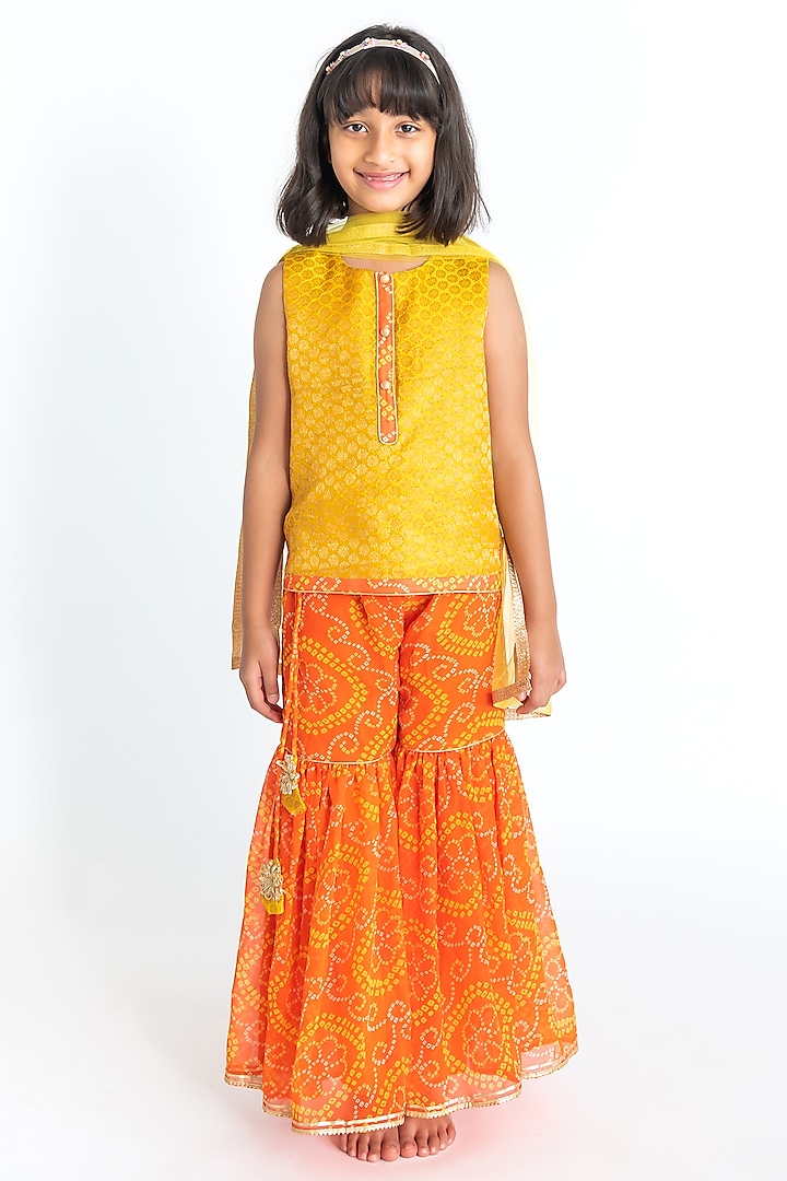 Orange Georgette Bandhani Printed Sharara Set For Girls by A Little Fable