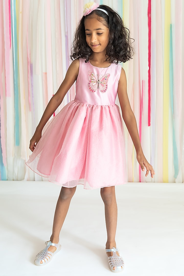 Pink Poly Taffeta & Glitter Organza Sequins Hand Embroidered Dress For Girls by A Little Fable