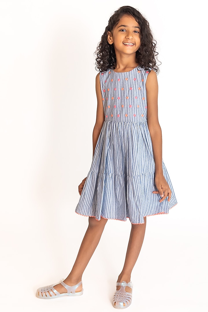 Blue Cotton Floral Embroidered Striped Dress For Girls by A Little Fable