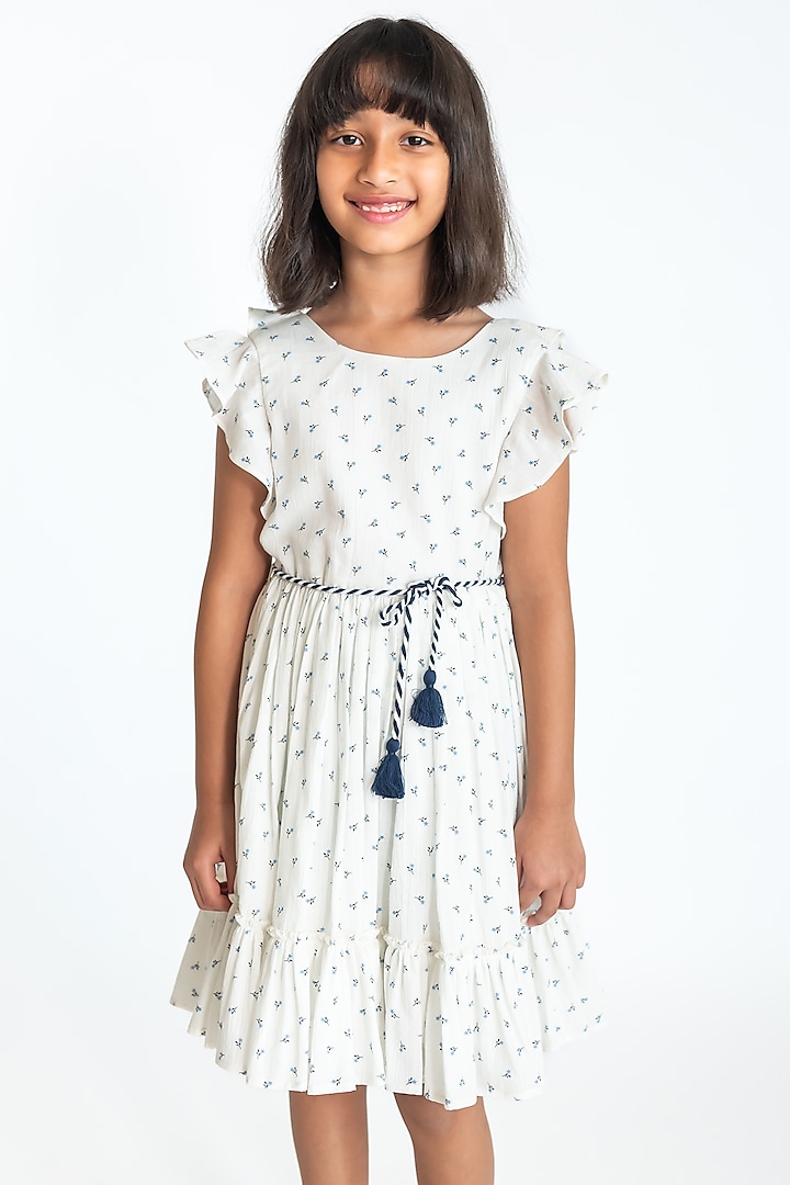 White Cotton Block Printed Dress For Girls by A Little Fable