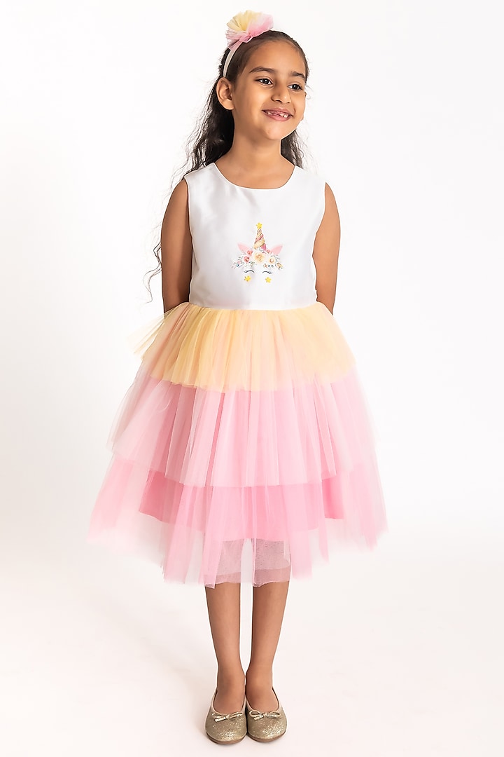 Multi-Colored Net Unicorn Printed & Hand Embroidered Dress For Girls by A Little Fable