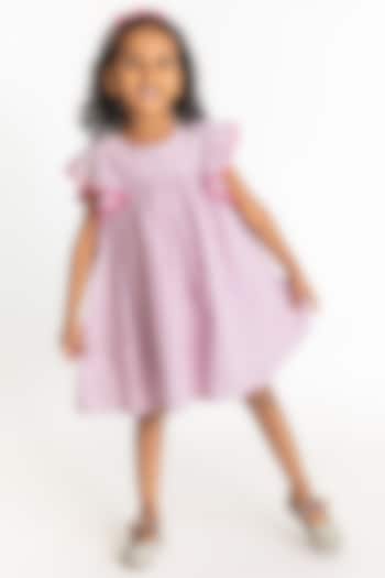 Lilac Cotton Embroidered Striped A-Line Dress For Girls by A Little Fable