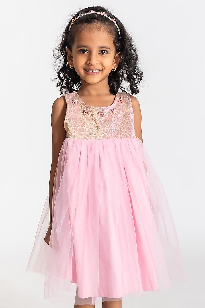Pink Poly Taffeta & Tulle Embroidered Dress For Girls by A Little Fable