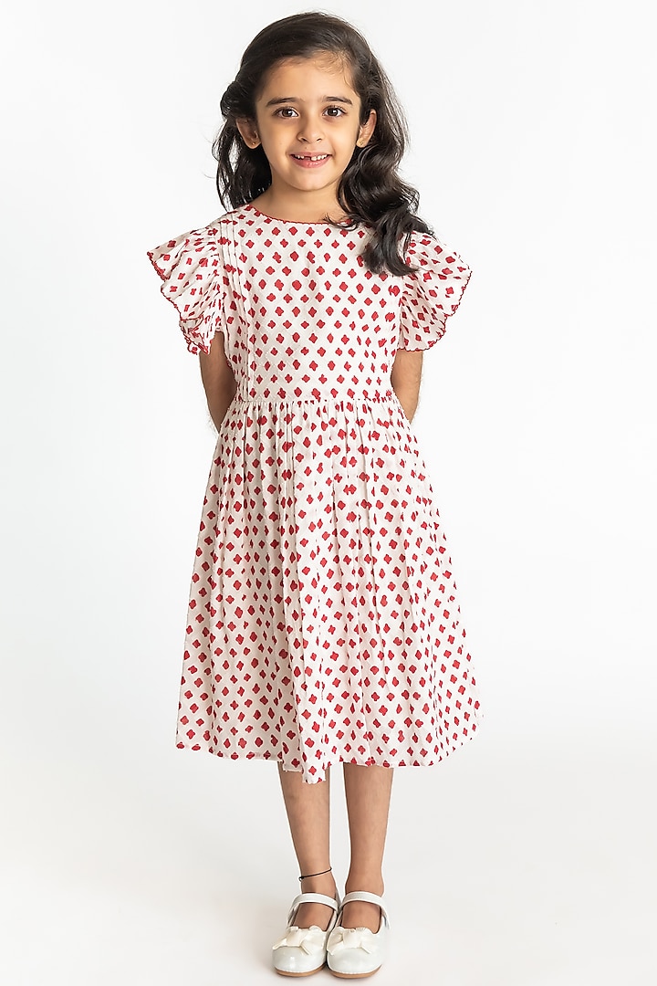 Red & White Cotton  Block Printed Dress For Girls by A Little Fable