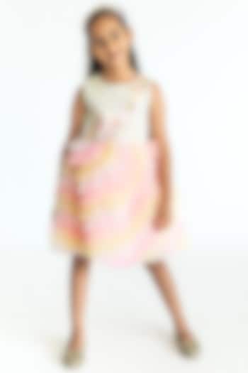 Multi-Colored Poly Taffeta Floral Hand Embroidered Ruffled Dress For Girls by A Little Fable