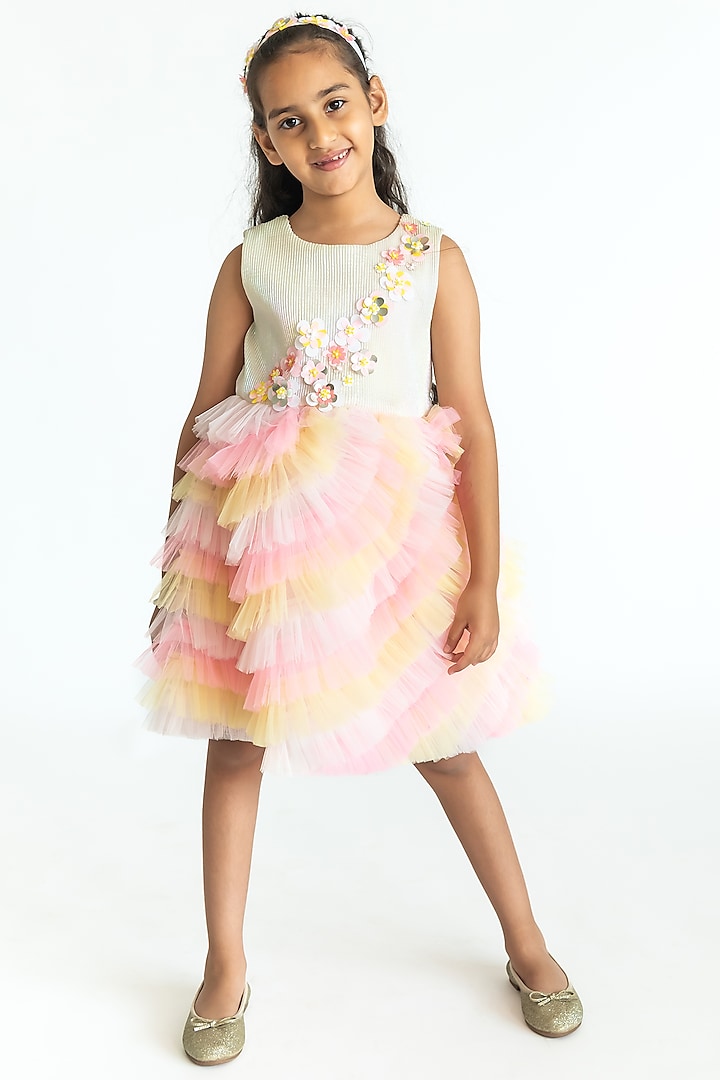 Multi-Colored Poly Taffeta Floral Hand Embroidered Ruffled Dress For Girls by A Little Fable