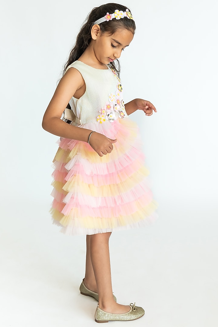 Multi-Colored Poly Taffeta Floral Hand Embroidered Ruffled Dress For Girls by A Little Fable at Pernia's Pop Up Shop