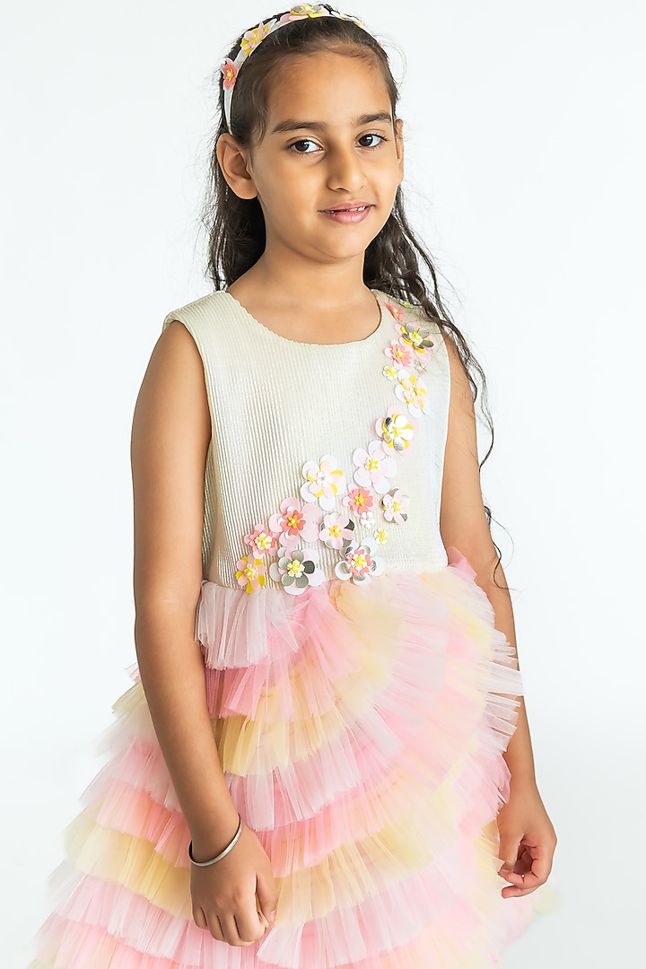 Multi-Colored Poly Taffeta Floral Hand Embroidered Ruffled Dress For Girls by A Little Fable at Pernia's Pop Up Shop