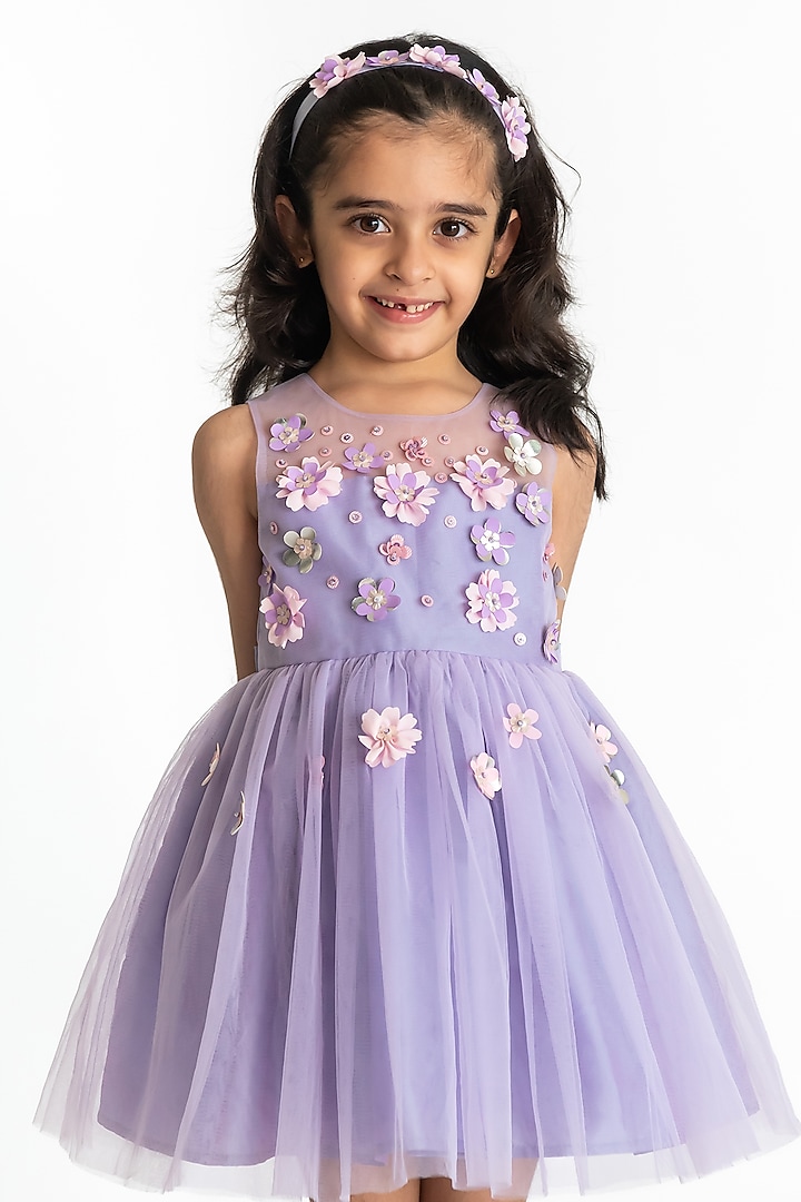 Lavender Poly Taffeta & Tulle Floral Hand Embroidered Dress by A Little Fable