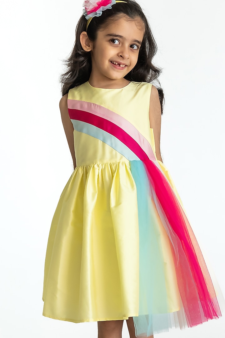 Yellow Poly Taffeta & Tulle Rainbow Dress For Girls by A Little Fable