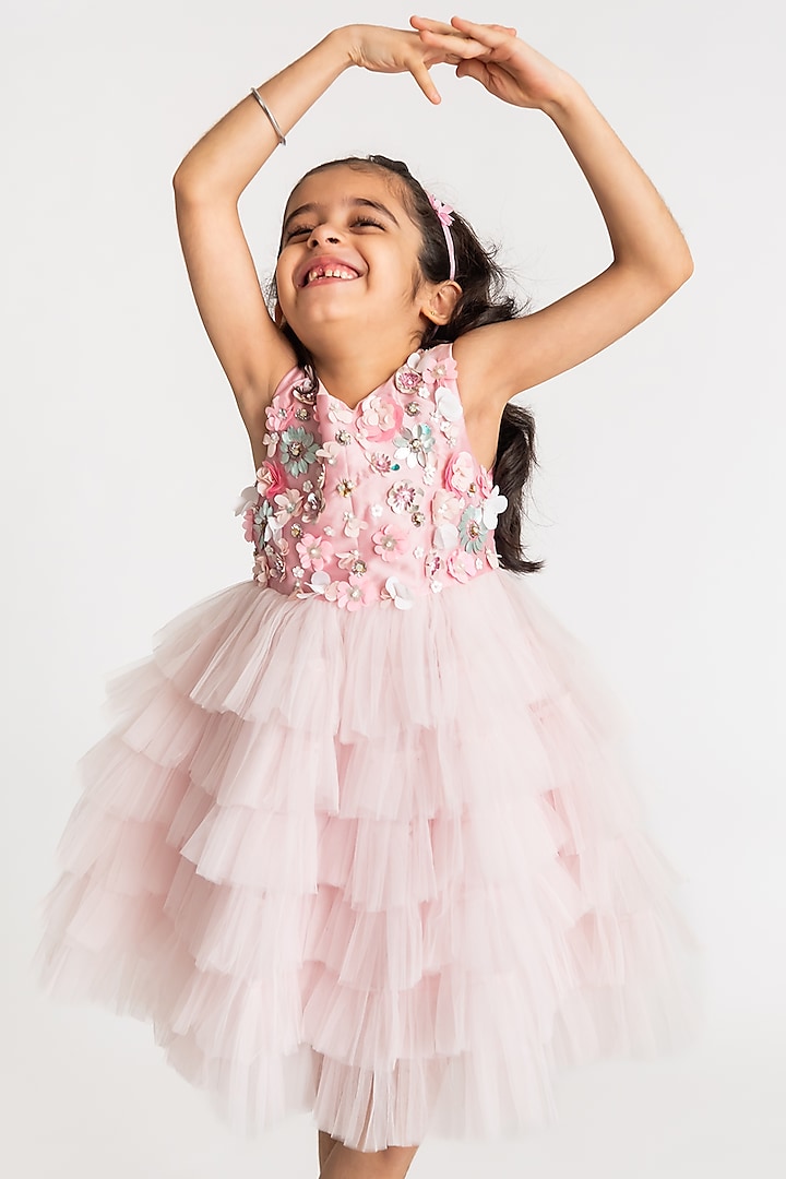 Pink Poly Taffeta Floral Hand Embroidered Layered Dress For Girls by A Little Fable