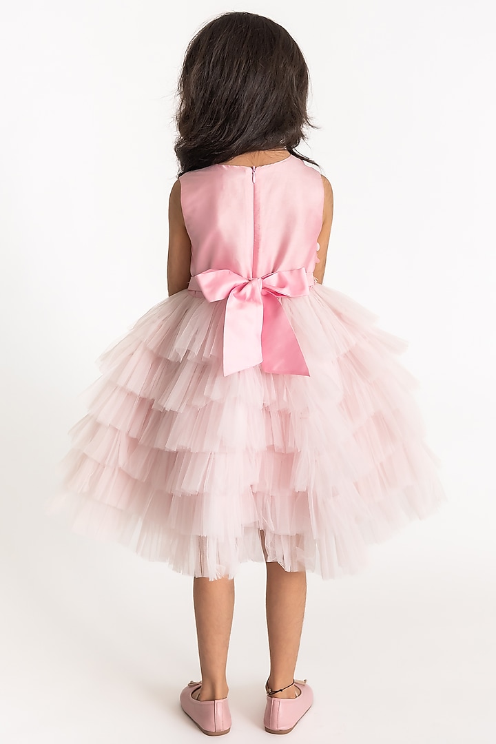Pink Poly Taffeta Floral Hand Embroidered Layered Dress For Girls by A Little Fable at Pernia's Pop Up Shop