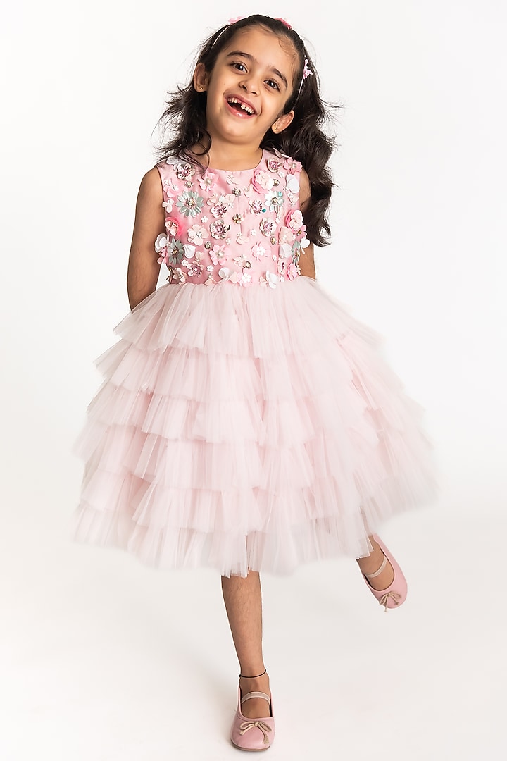 Pink Poly Taffeta Floral Hand Embroidered Layered Dress For Girls by A Little Fable at Pernia's Pop Up Shop