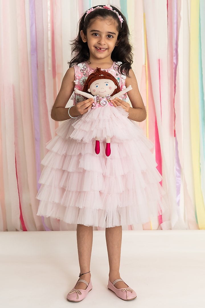 Pink Poly Taffeta Floral Hand Embroidered Layered Dress For Girls by A Little Fable at Pernia's Pop Up Shop