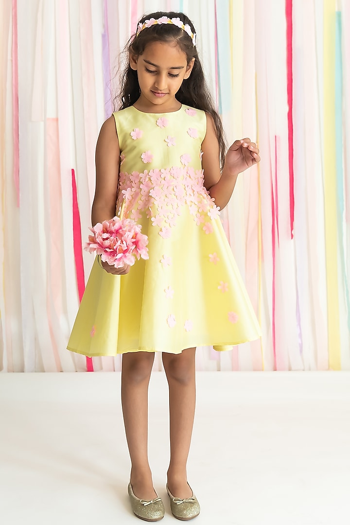 Yellow Poly Taffeta Floral Hand Embroidered Flared Dress for Girls by A Little Fable