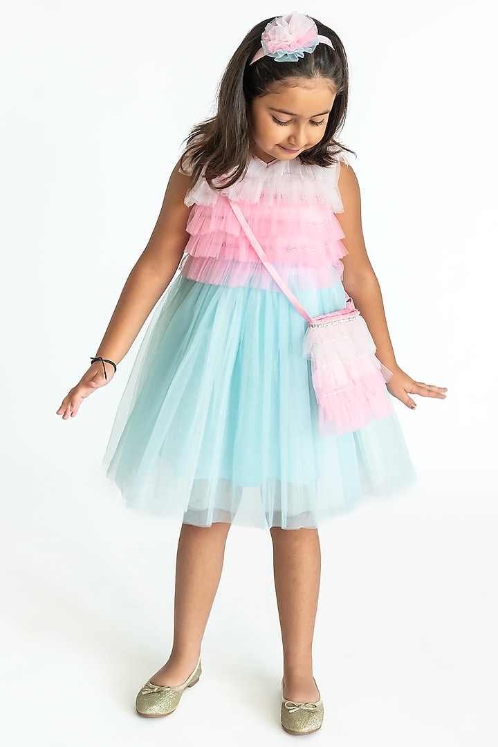 Multi-Colored Net Sequins Hand Embroidered Ruffled Dress For Girls by A Little Fable