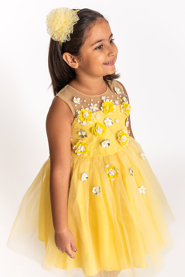 Yellow Poly Taffeta & Tulle Floral Hand Embroidered Dress For Girls by A Little Fable