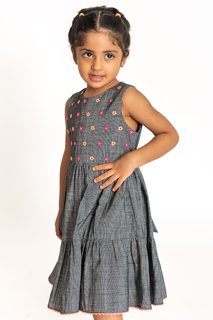 Grey Cotton Floral Embroidered Dress For Girls For Girls by A Little Fable