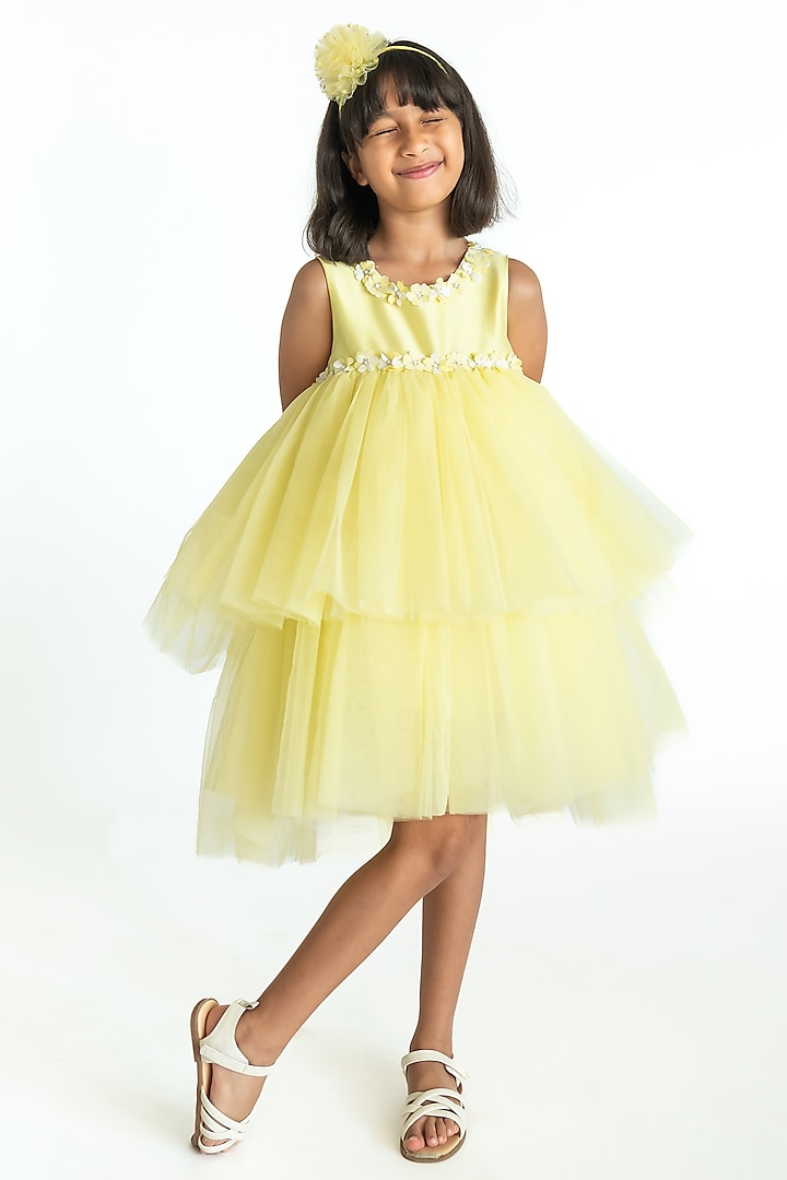 Yellow Tulle & Poly Blend Floral Hand Embroidered Layered Dress For Girls  by A Little Fable