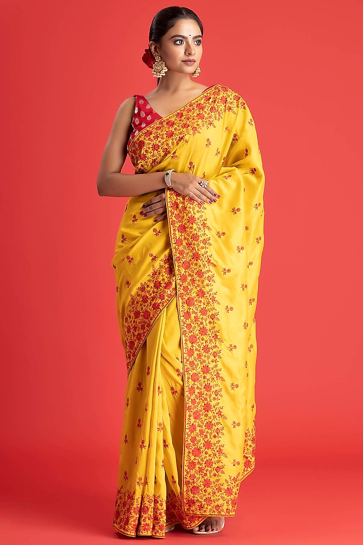 Mustard Yellow Dola Silk Resham Embroidered Saree Set by Albis Jaipur