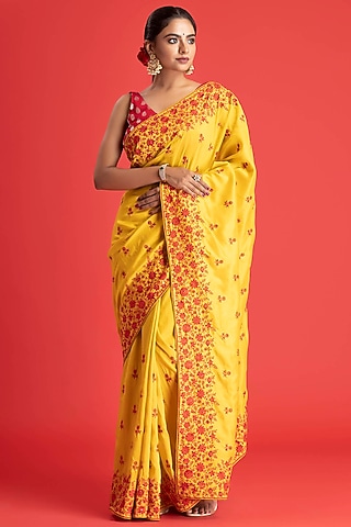 Mustard Yellow Dola Silk Resham Embroidered Saree Set by Albis Jaipur