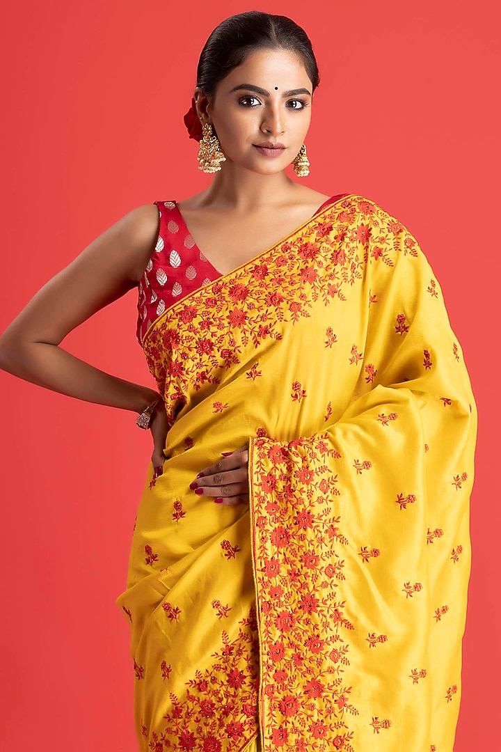 Mustard Yellow Dola Silk Resham Embroidered Festive Saree Set by Albis Jaipur at Pernia's Pop Up Shop