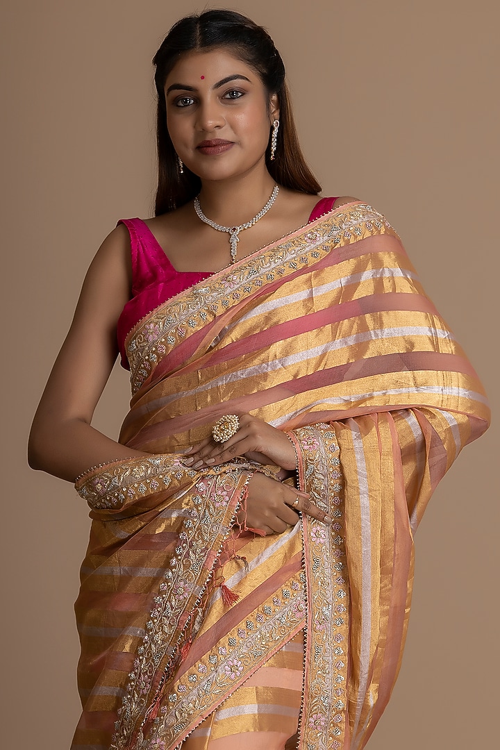 Light Peach Pure Tissue Silk Hand Embroidered Banarasi Wedding Saree Set by Albis Jaipur at Pernia's Pop Up Shop