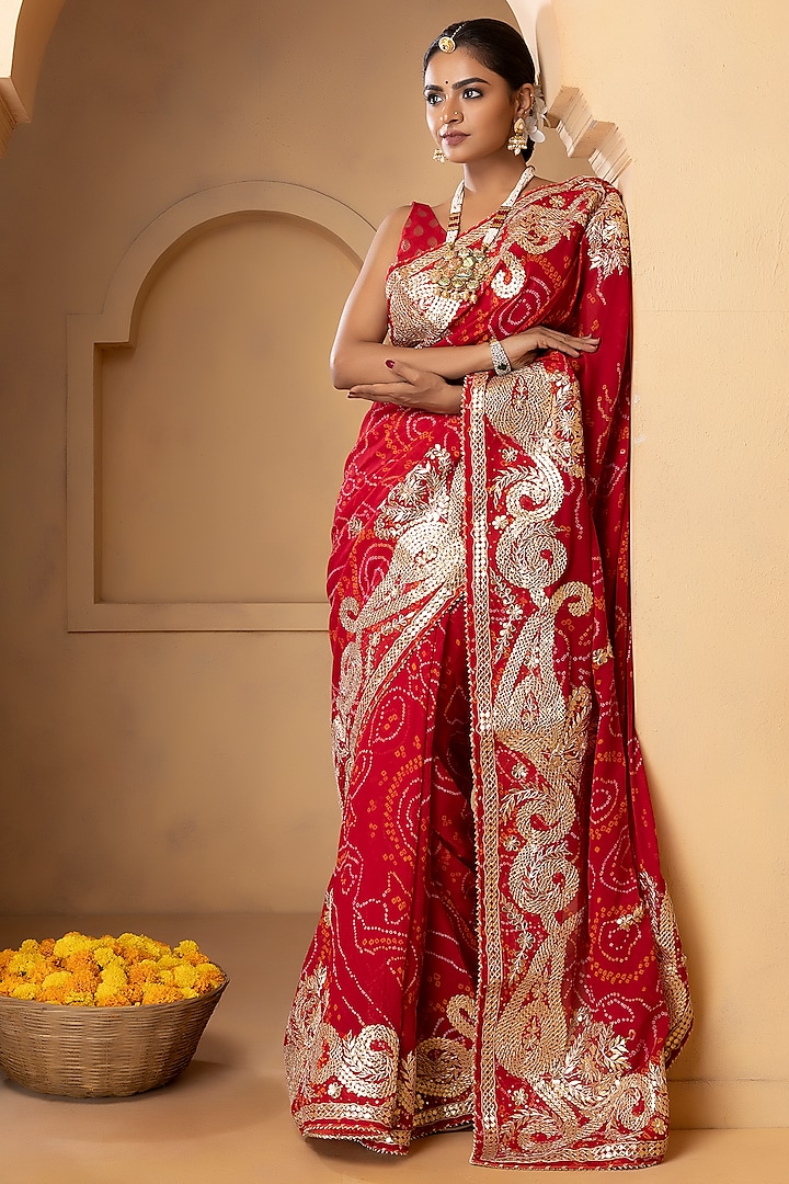 Crimson Red Pure Chinnon Crepe Bandhani Saree Set by Albis Jaipur
