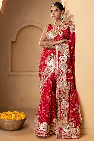 Crimson Red Pure Chinnon Crepe Bandhani Saree Set by Albis Jaipur