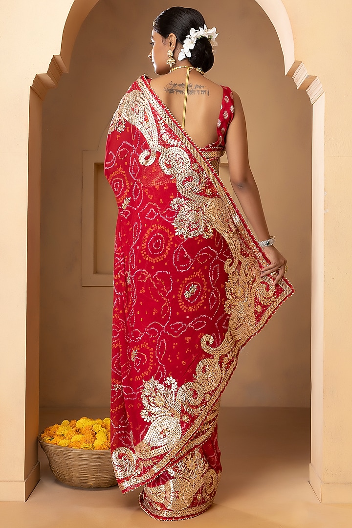 Crimson Red Pure Chinnon Crepe Bandhani Wedding Saree Set by Albis Jaipur at Pernia's Pop Up Shop