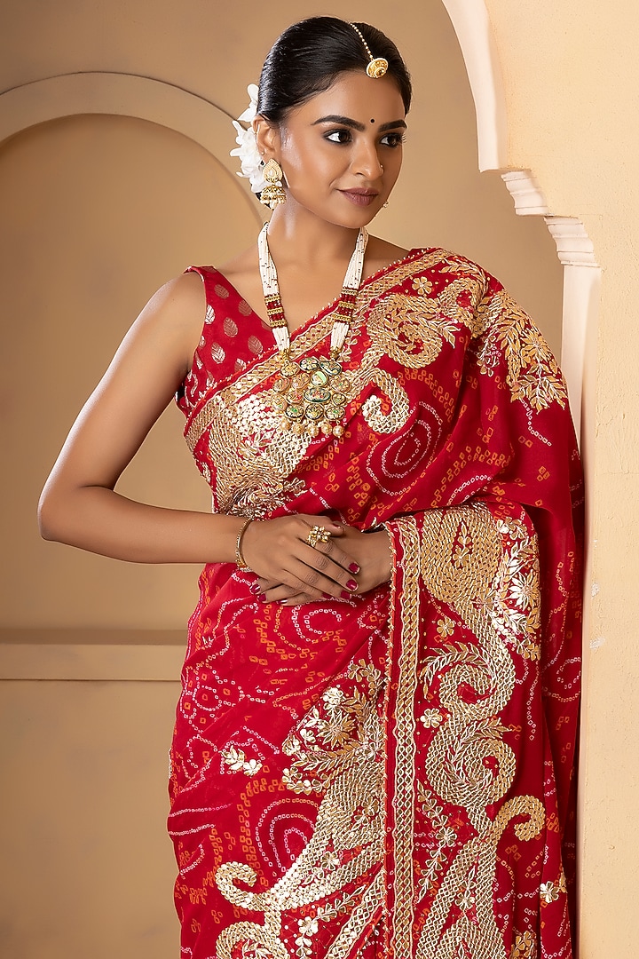 Crimson Red Pure Chinnon Crepe Bandhani Wedding Saree Set by Albis Jaipur at Pernia's Pop Up Shop