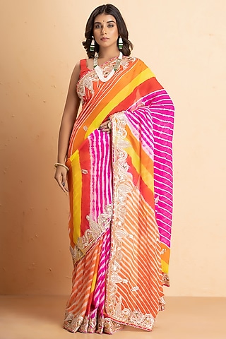 Multi-Colored Pure Chinnon Embroidered Saree Set by Albis Jaipur
