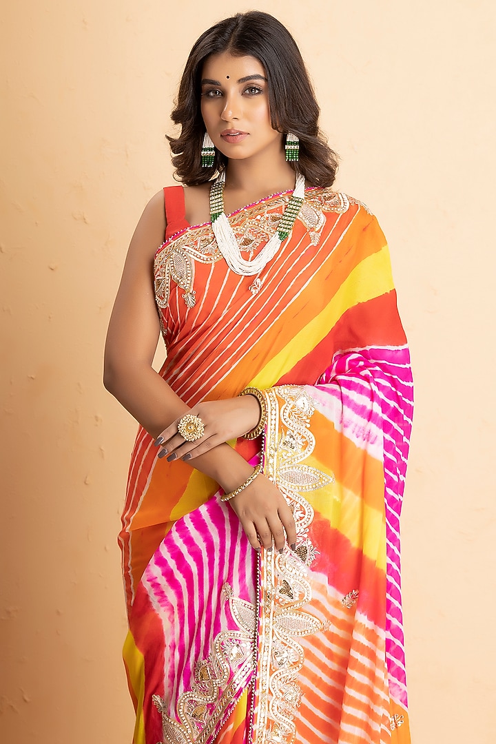 Multi-Colored Pure Chinnon Embroidered Wedding Saree Set by Albis Jaipur at Pernia's Pop Up Shop
