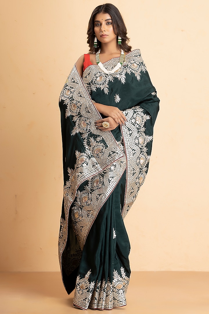 Pine Green Upada Silk Embroidered Wedding Saree Set by Albis Jaipur at Pernia's Pop Up Shop