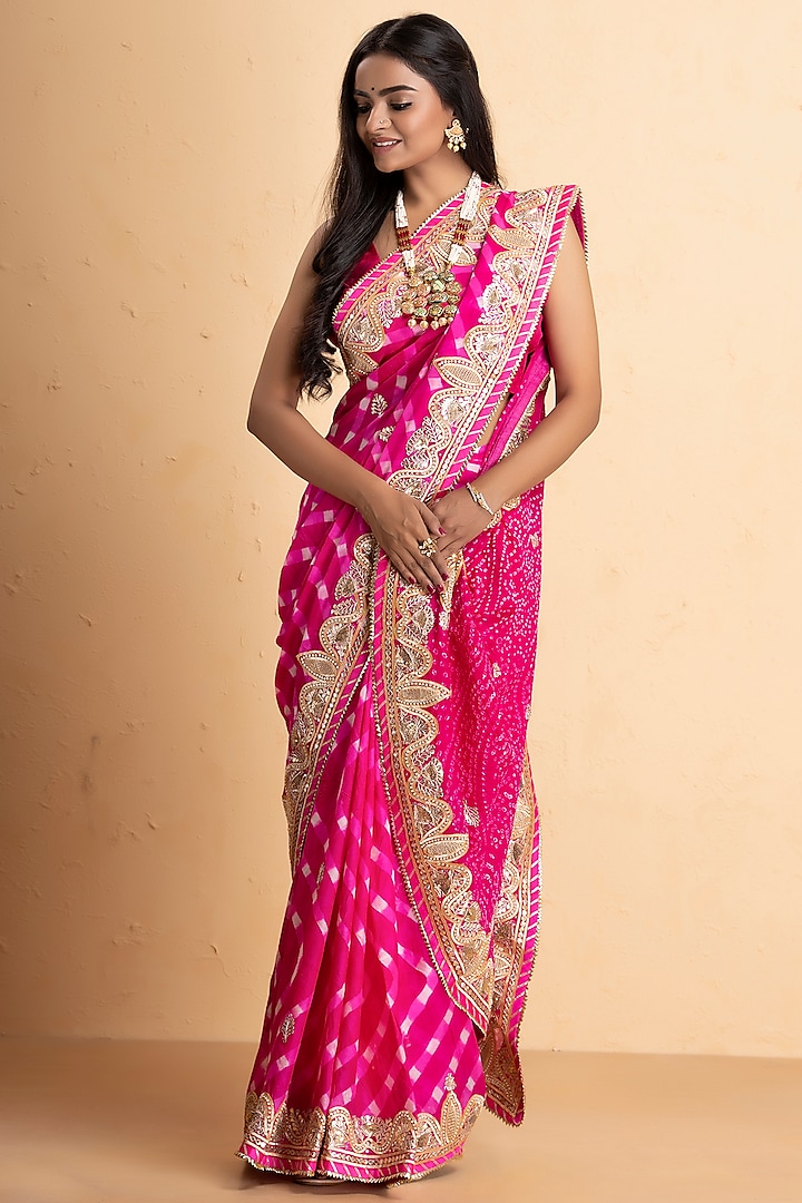 Pink Pure Chinnon Embroidered Bandhani Saree Set by Albis Jaipur