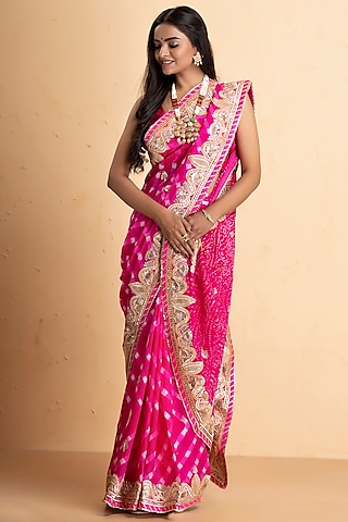 Pink Pure Chinnon Embroidered Bandhani Saree Set by Albis Jaipur