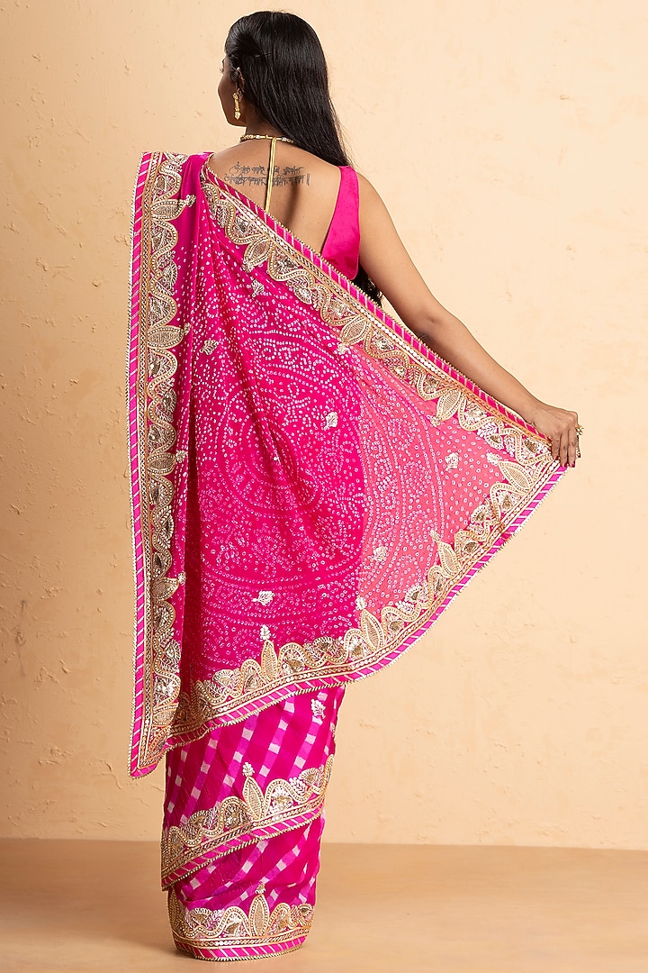 Pink Pure Chinnon Embroidered Bandhani Party Wear Saree Set by Albis Jaipur at Pernia's Pop Up Shop