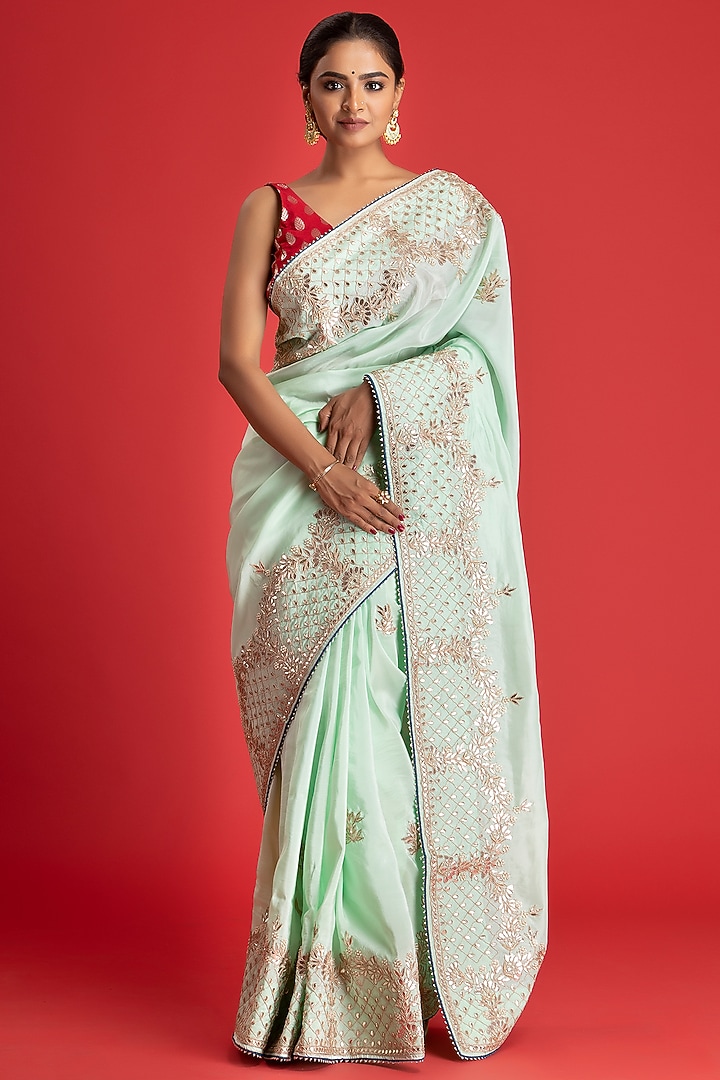 Pista Green Upada Silk Embellished Party Wear Saree Set by Albis Jaipur at Pernia's Pop Up Shop