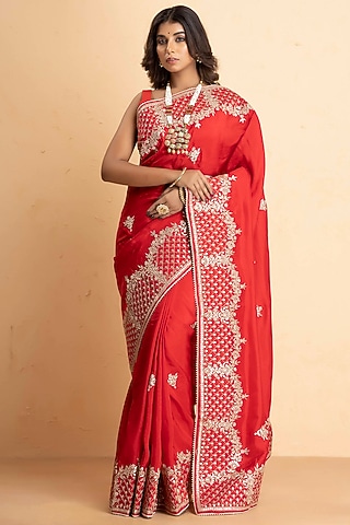 Red Upada Silk Embellished Saree Set by Albis Jaipur
