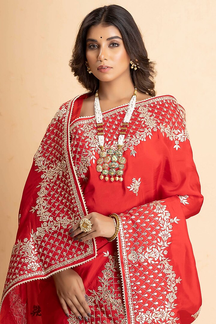Red Upada Silk Embellished Party Wear Saree Set by Albis Jaipur at Pernia's Pop Up Shop