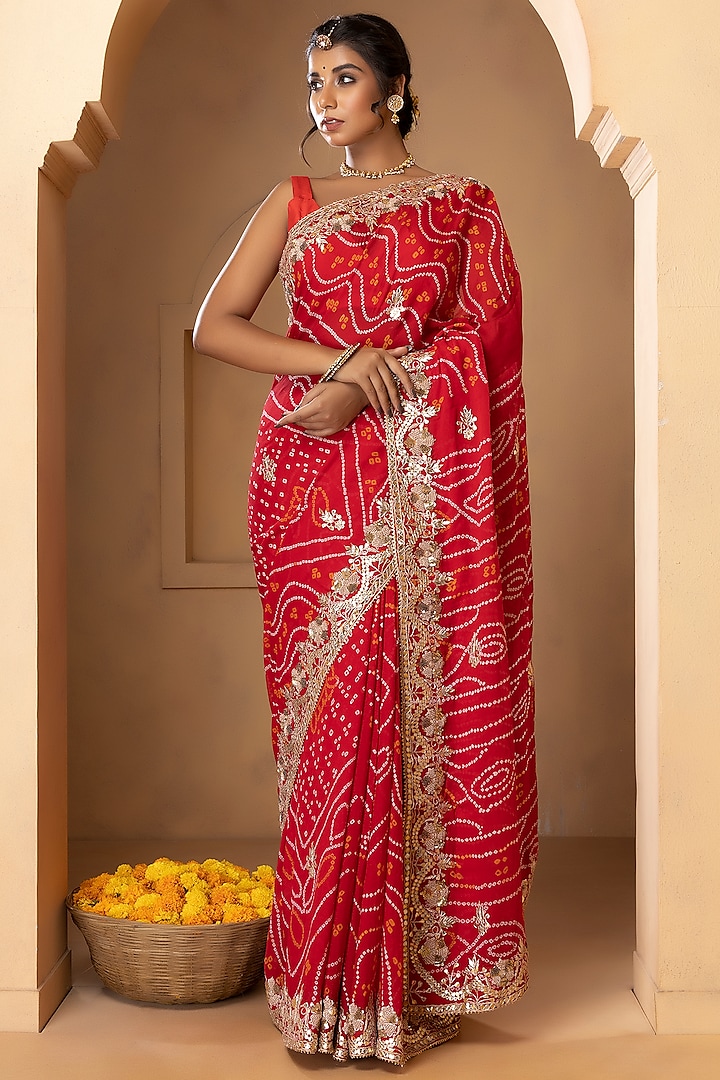 Crimson Red Pure Chinnon Crepe Embellished Bandhani Saree Set by Albis Jaipur