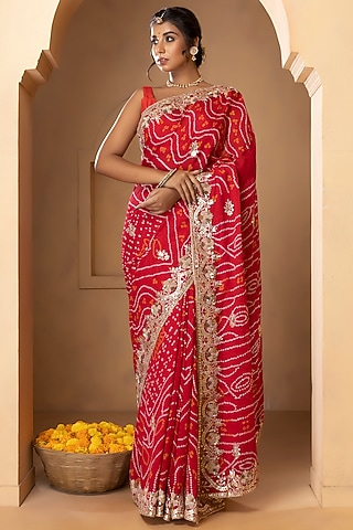 Crimson Red Pure Chinnon Crepe Embellished Bandhani Saree Set by Albis Jaipur