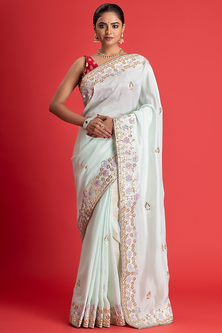 Powder Green Pure Upada Silk Embroidered Party Wear Saree Set by Albis Jaipur at Pernia's Pop Up Shop