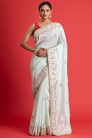 Powder Green Pure Upada Silk Embroidered Saree Set by Albis Jaipur