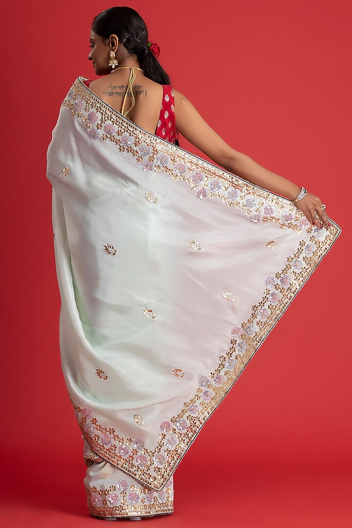 Powder Green Pure Upada Silk Embroidered Party Wear Saree Set by Albis Jaipur at Pernia's Pop Up Shop